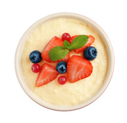 Delicious semolina pudding with berries and mint on white background, top view