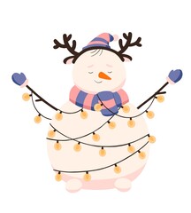 Cute Christmas snowman decorated with Xmas garland. Happy snow man in cap, scarf and reindeer headband. Kids winter character with carrot nose. Flat  illustration isolated on white background