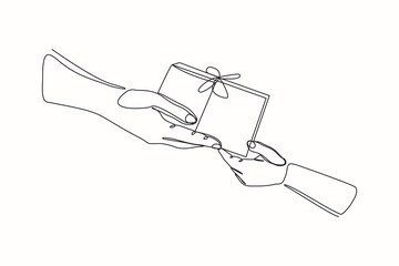 Continuous line drawing of couple hands holding gift box with ribbon. Single one line art of birthday surprise and christmas box. Vector illustration