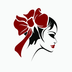 Beauty salon, hair studio logo.Beautiful woman portrait, wavy hairstyle, elegant makeup.Ribbon bow accessory.Long eyelashes, red lipstick.Cosmetics, spa, beautician icon.Profile face.