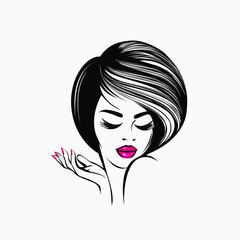 Woman with wavy hairstyle, elegant makeup and manicure.Beautiful girl portrait.Hair salon, nails art, beauty studio illustration.Cosmetics, spa logo.Young lady face.Pink lipstick and nail polish.
