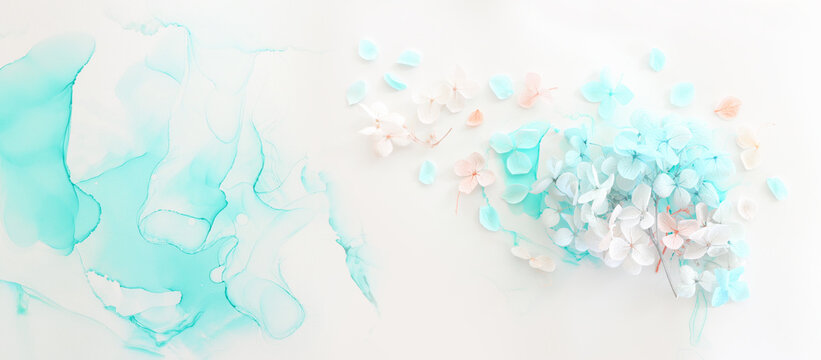 Creative image of pastel blue and pink Hydrangea flowers on artistic ink background. Top view with copy space