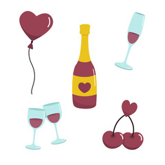Romantic set with wine, glasses, a ball with a heart, a pair of cherries with a heart. Vector illusion for Valentine's Day.