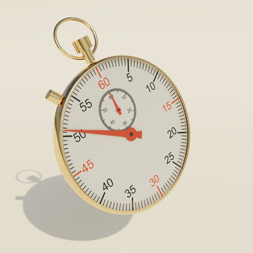 A golden stopwatch hovering over flat surface. Isolated. 3D rendering illustration.  