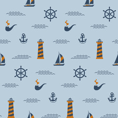 Seamless blue-orange marine pattern. Ship, lighthouse, lighthouse, smoking pipe on the background of the sea with waves. Color vector illustration, flat style. EPS10