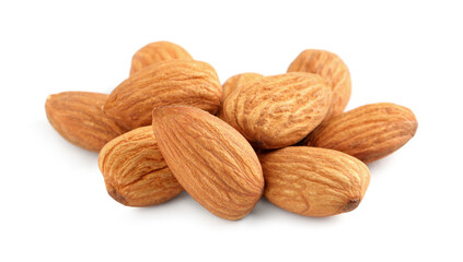 Organic almond nuts on white background. Healthy snack