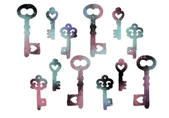 Coloured set with keys for packaging and cards and posters and postcard and stickers