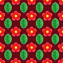 Red flower and green leaves, seamless pattern on the crimson background. Vector illustration. Wrapping paper.	