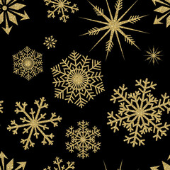 Seamless pattern of golden snowflakes on a black background