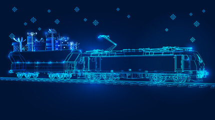 Happy New Year and Merry Christmas polygonal 3d train with gifts in dark blue background. A festive atmosphere for your corporate gifts, calendars, banners and postcards. Online cargo delivery service