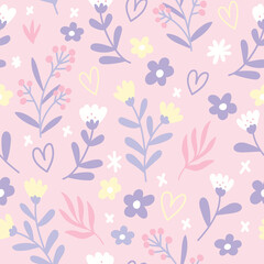 Cute doodle flowers seamless pattern. Flat vector illustration in pastel tones. Floral print for fabric, gift wrapping paper, stationery, package and any surface