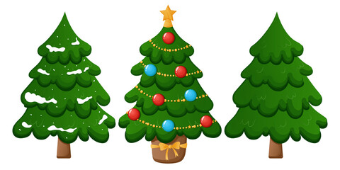 A set of three Christmas trees, in the snow, dressed up, no toys. Vector Christmas trees in three versions in cartoon flat style isolated on white background. Christmas illustrations.