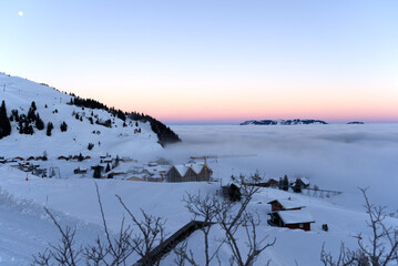 Swiss mountain village Stoss, Canton Schwyz, on a beautiful winter morning. Photo taken December 21st, 2021, Stoos, Switzerland.