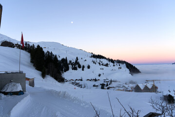 Swiss mountain village Stoss, Canton Schwyz, on a beautiful winter morning. Photo taken December 21st, 2021, Stoos, Switzerland.