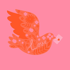 Fototapeta na wymiar Valentine s day postcard with envelope carrier dove. Vector graphics.