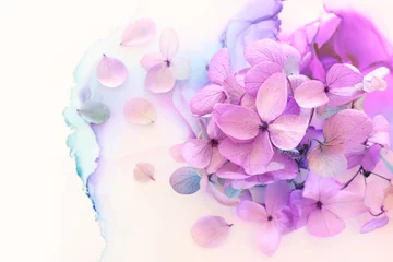 Rolgordijnen Creative image of pastel violet and pink Hydrangea flowers on artistic ink background. Top view with copy space © tomertu