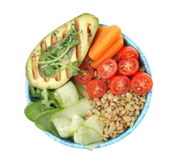 Delicious lentil bowl with avocado, tomatoes, carrot and cucumber on white background, top view