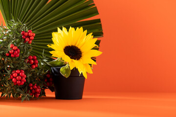 orange sunflower in a vase texture background with copy space