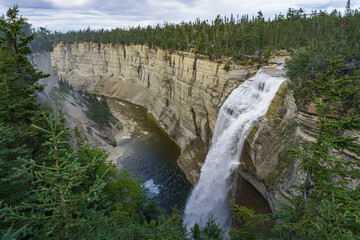 Obraz premium View on the Vaureal waterfall, the most impressive waterfall of Anticosti Island, loacted in the St Lawrence estuary in Cote Nord region of Quebec. Canada