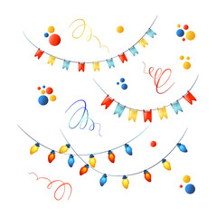 Christmas and New year holyday decorations: xmas lights, flags, ribbons. Vector illustration