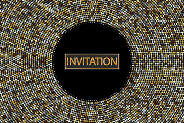 Abstract dark background of gold and silver dots, halftone frame, invitation