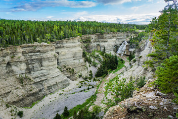 View on one of Anticosti's limestone canyons and waterfalls from the 