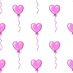 seamless pattern with purple heart shaped air balloons on white background
