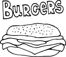 Vector hand drawn burgers and snacks objects, drawn fast food elements, street food, lettering burger, cheeseburger