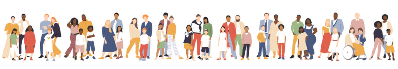 Multicultural group of mothers and fathers with kids. Flat vector illustration. - Powered by Adobe