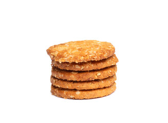 Five Vanilla chip butter cookies pile isolated on white background. Close-up view of brown cracker. Macro shot of yellow biscuit cake leftovers for your design