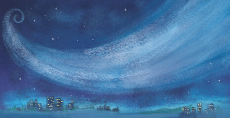 Winter blue night city snow and stars background.