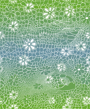 Background with green and blue crocodile skin and turtle