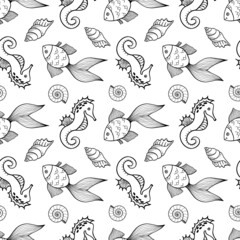 Seamless pattern with golden fishes, seahorses and shells. Black and white hand drawn vector illustration. Seamless background. Wallpaper design. Fabric design. Simple vector pattern with cute fishes