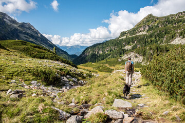 Fototapeta na wymiar Woman hiking with her dog in the High Tauern National Park