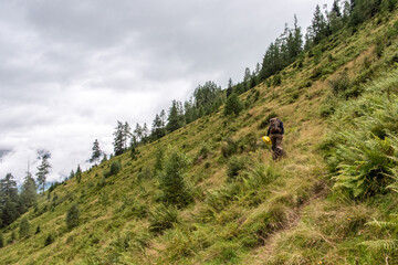 Woman hiking with her dog in the High Tauern National Park
