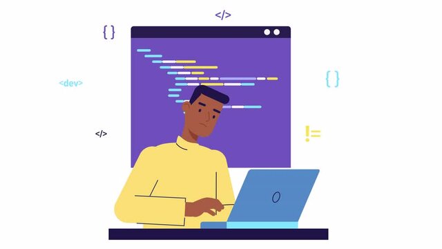 programmer developer working on code, coding, testing, debugging, analysing. Web development young man works with programming languages. freelance IT worker 4k looped animated character. Stock footage