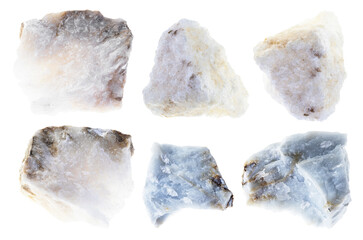 set of various anhydrite stones cutout on white