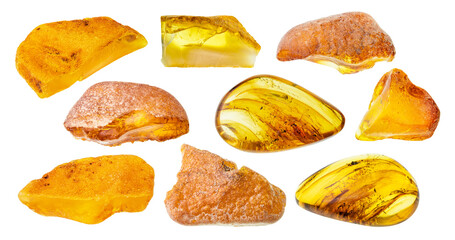 set of various amber gem stones cutout on white