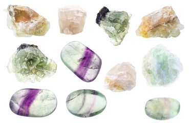 set of various fluorite stones cutout on white