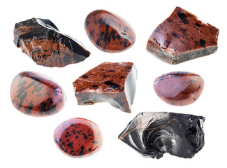 set of various mahogany obsidian stones on white