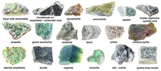 set of various unpolished green stones with names