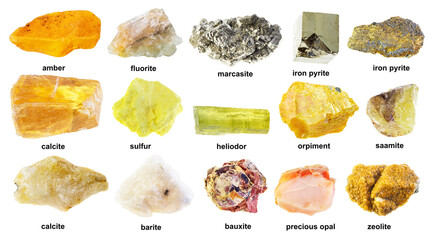 set of various unpolished yellow rocks with names