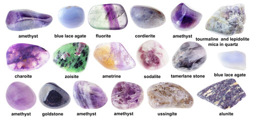 Fototapeta set of various tumbled violet stones with names obraz