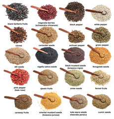piles of spicy seeds with spoons with names