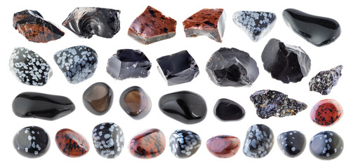 set of various obsidian stones cutout on white