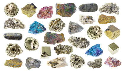 set of various pyrite stones cutout on white