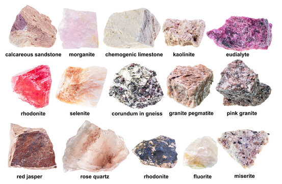 set of various raw pink rocks with names cutout