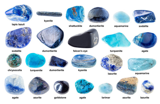 set of various unpolished blue stones with names