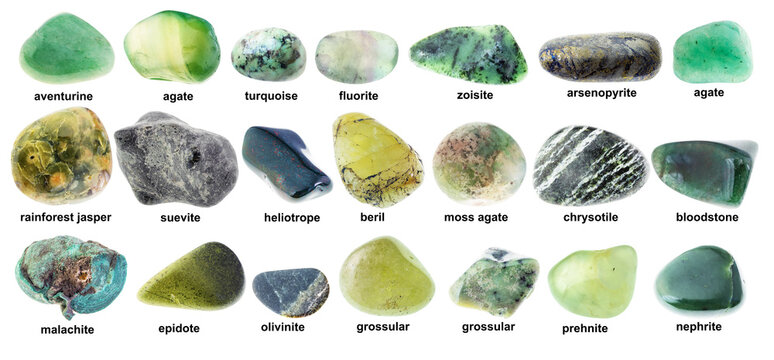 set of various tumbled green minerals with names