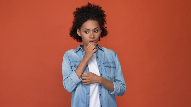 Lady share impressed news guilt isolated scarlet color background